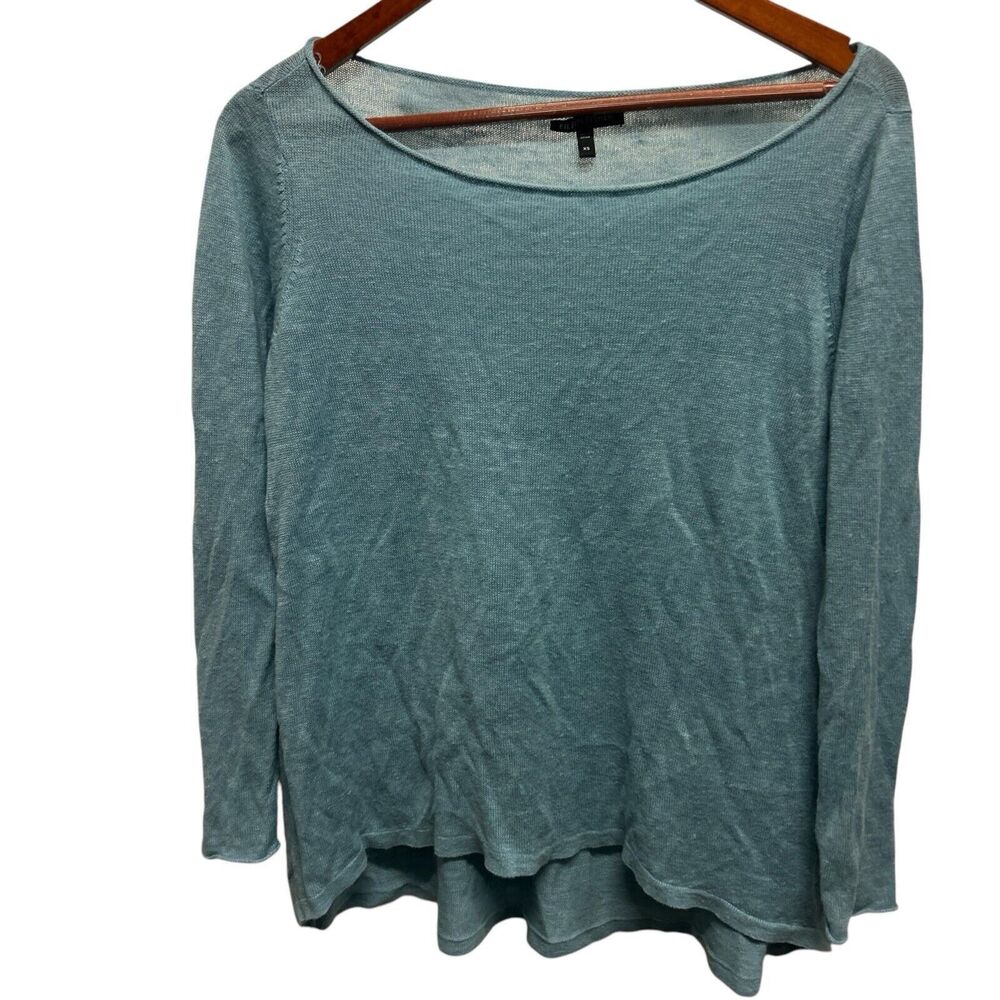 Eileen Fisher Lightweight Organic Linen Jersey Crew Neck Long Sleeve Sz XS Blue